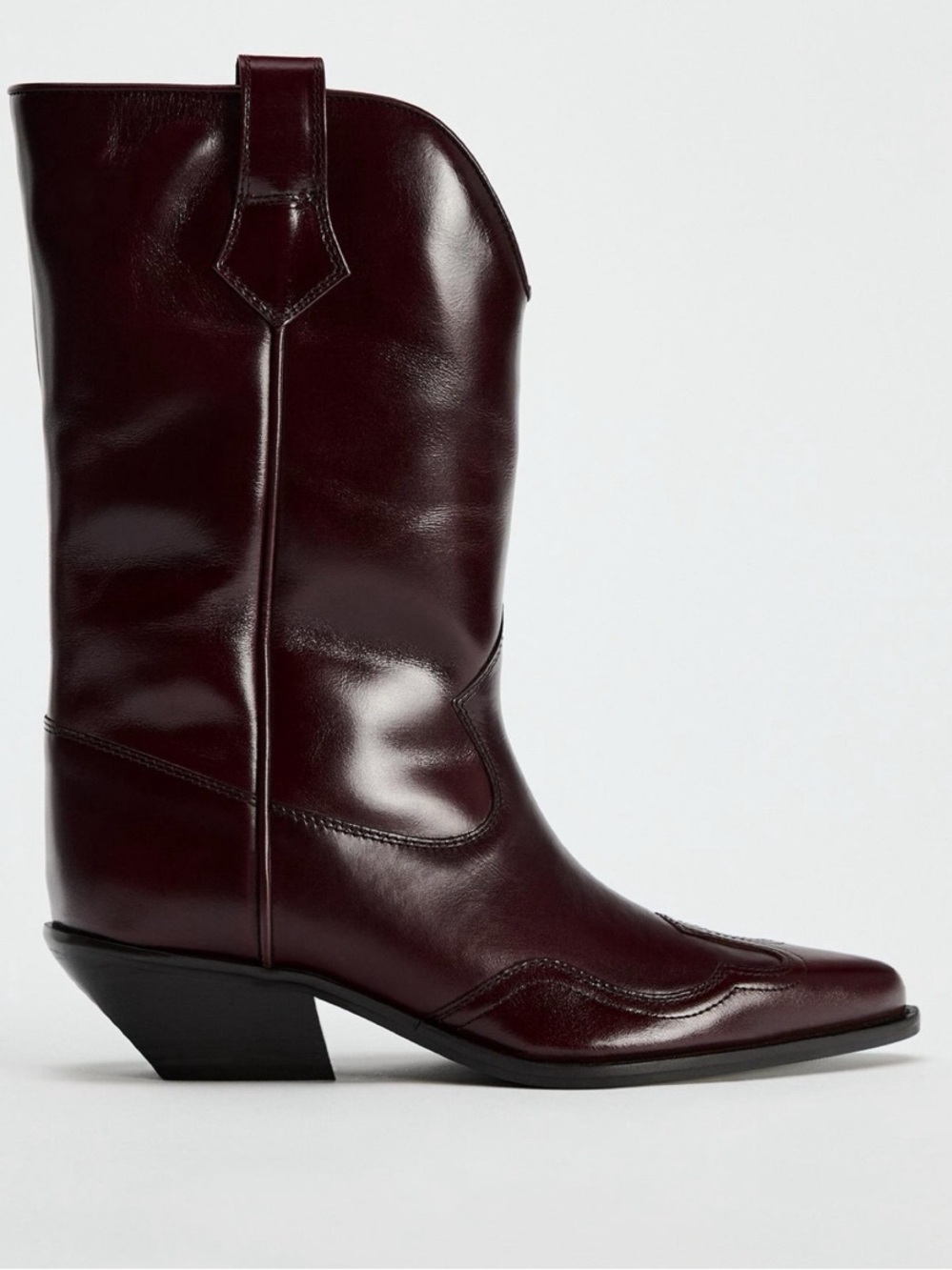Zara Burgundy Red Leather Western Boots Size 37 - Picture 16 of 16